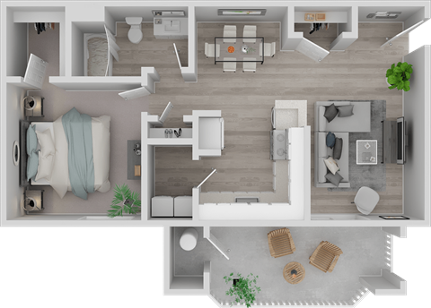 a 3d rendering of the living room and bedroom of a 2100 sq ft apartment